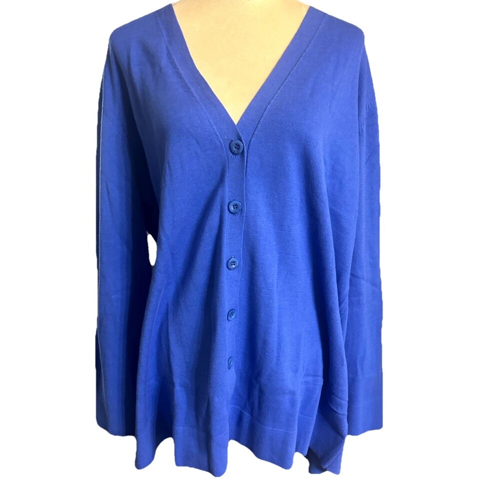 Chadwicks Womens 2X  100% Cotton Blue Knit V Neck Button Long Cardigan Sweater